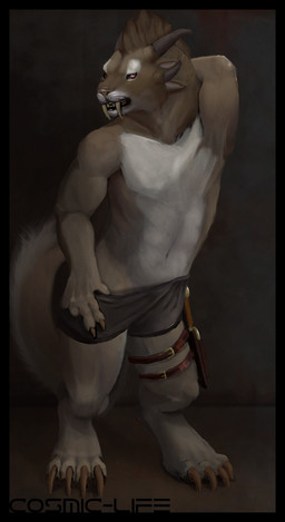 anthro bottomwear clothed clothing dagger digitigrade fangs female flat_chested grey_background horn melee_weapon mohawk shorts simple_background solo teeth topless weapon cosmiclife guild_wars charr felid mammal hi_res