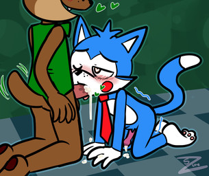 anthro bodily_fluids clothed clothing cum duo erection fellatio genital_fluids genitals heart_eyes heart_symbol kneeling leaking_cum leaking_precum male male/male one_eye_closed oral partially_clothed penile penis penis_size_difference precum sex zurzure fazbear_fanverse five_nights_at_candy's five_nights_at_freddy's popgoes scottgames candy_(fnac) candy_the_cat popgoes_the_weasel domestic_cat felid feline felis mammal mustelid musteline true_musteline weasel