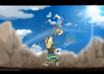 anthro armor axe duo fight melee_weapon polearm spear sun weapon samaraka league_of_legends riot_games tencent fizz_(lol) nasus_(lol) anubian_jackal aquatic canid canine canis jackal mammal yordle hi_res