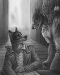 angry anthro argument arrow_(weapon) claws clothing duo ear_piercing fangs male piercing quiver_(object) ranged_weapon scar sitting teeth tongue weapon rukis luther_denholme ransom canid canine canis mammal wolf 2014 4:5 digital_media_(artwork) greyscale monochrome shaded story story_in_description