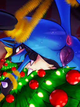 animal_genitalia animal_vulva anthro anus blue_body blue_fur blush canine_genitalia canine_vulva christmas_tree female fur genitals holidays looking_at_viewer low-angle_view nude plant red_eyes solo tail tail_anus tree vulva cha0sapien christmas nintendo pokemon canid canine generation_4_pokemon lucario mammal pokemon_(species) 2024 3:4 hi_res