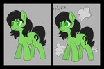 black_hair black_tail female feral feral_to_inanimate fur green_body green_eyes green_fur grey_background hair inanimate_transformation no_pupils phone_drawing plushie poof question_mark simple_background solo tail transformation happy_harvey hasbro my_little_pony filly_anon earth_pony equid equine horse inanimate_object mammal pony 3:2 hi_res