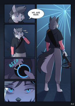 anthro arrow_quiver beep blue_eyes blue_glow blue_light blue_lines bottomwear bright_light clothing crossbow dialogue ear_tuft ears_up glowing glowing_eyes looking_at_viewer male no_shoes pants ranged_weapon shirt shoeless standing tail tapping technology text topwear tuft weapon rednroge canid canine canis fox mammal comic english_text hi_res