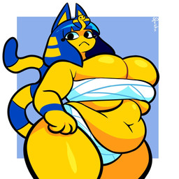 :< anthro bandage belly big_belly big_breasts blue_ears blue_hair breasts chest_wraps cleavage cleavage_overflow clothed clothed_anthro clothed_female clothing curvy_figure female female_anthro front_view geometric_background hair huge_breasts markings mouth_closed navel noseless overweight overweight_anthro overweight_female pose ring_(marking) ringed_tail simple_background skimpy solo striped_markings striped_tail stripes tail tail_markings uraeus voluptuous voluptuous_anthro voluptuous_female white_sclera wraps yellow_body squeezysquisher animal_crossing nintendo ankha_(animal_crossing) domestic_cat felid feline felis mammal 1:1 2025 digital_drawing_(artwork) digital_media_(artwork) english_description pinup portrait three-quarter_portrait