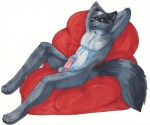 anthro balls bean_bag biped black_nose erection front_view fur genitals grey_body grey_fur hands_behind_head looking_at_viewer male markings nude penis pink_penis ring_(marking) ringed_tail simple_background sitting smile solo striped_markings striped_tail stripes tail tail_markings white_background celestialwolfen mammal procyonid raccoon 2011