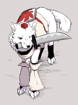 ambiguous_feral ambiguous_gender armwear black_clothing black_footwear black_socks clothed clothed_feral clothing detached_sleeves feral feralized footwear fur hat headgear headwear melee_weapon mouth_hold object_in_mouth quadruped red_clothing red_eyes red_hat red_headwear shield shield_on_back shirt simple_background socks solo sword sword_in_mouth tail toeless_footwear toeless_socks tokin_hat topwear weapon weapon_in_mouth white_body white_clothing white_fur white_shirt white_tail white_topwear min.k touhou momiji_inubashiri canid canine canis mammal wolf hi_res