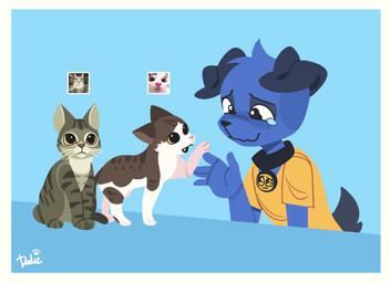 ambiguous_gender anthro black_body black_collar black_eyes black_fur black_nose blue_background blue_body blue_fur bodily_fluids border clothing collar cute_fangs fangs feral floppy_ears fur gesture grey_body grey_fur group humanoid_hands larger_anthro larger_male looking_at_another looking_down male on_haunches paws raised_paw shirt simple_background size_difference smaller_feral smile tail tail_motion tailwag tears teeth topwear trio waving whiskers white_body white_border white_fur yellow_clothing yellow_sclera yellow_shirt yellow_topwear dalueart dalue_(dalueart) canid canine canis domestic_cat domestic_dog felid feline felis mammal 2d_animation animated animated_webp character_request loop meme