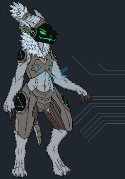 4_toes 5_fingers ambiguous_gender anthro armor claws clothed clothing feet finger_claws fingers fur green_eyes grey_armor grey_body grey_fur hair machine screen screen_face simple_background solo toe_claws toes white_hair frostwyrm102 cabek protogen