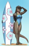 anthro black_nose blue_clothing blue_swimwear breasts brown_body brown_eyes brown_fur brown_hair clothing collarbone eyebrows eyelashes feet female fur hair humanoid_feet long_hair one-piece_swimsuit plantigrade smile solo standing surfboard swimwear mykegreywolf nat_(mykegreywolf) mammal mustelid otter 2024 5:8 absurd_res hi_res