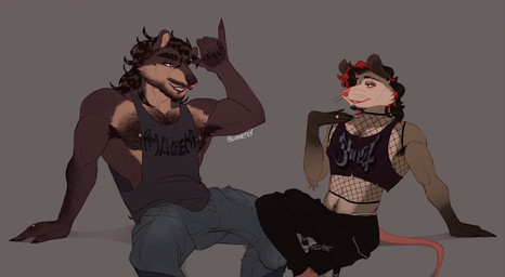 abs anthro arm_hair armpit_hair beard biceps big_bulge biped body_hair bulge chest_hair clothed clothing detailed_bulge duo erection erection_under_clothing eye_contact eyebrow_piercing facial_hair facial_piercing fur genital_outline hair huge_bulge looking_at_another male male_anthro multiple_piercings muscular muscular_anthro muscular_male mustache nipple_piercing nipples pecs penis_outline piercing pubes ring scar simple_background smile smiling_at_another smiling_at_partner tail lumarten ghost_(band) faust_(lumarten) richie_(lumarten) american_opossum mammal marsupial porcupine rodent absurd_res digital_media_(artwork) hi_res