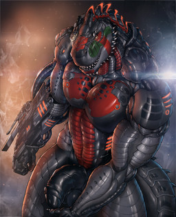 abstract_background anthro armor backlighting balls bedroom_eyes biceps big_muscles biped black_body black_glans black_penis cybernetics facial_spikes foreskin front_view genitals glans glistening glistening_genitalia glistening_glans glistening_penis half-closed_eyes half-erect humanoid_genitalia humanoid_penis light looking_at_viewer machine male manly metallic_body multicolored_body muscular muscular_anthro muscular_male narrowed_eyes nude open_mouth partially_retracted_foreskin pecs penis pupils ranged_weapon red_body seductive slit_pupils solo spikes spikes_(anatomy) standing tail teeth thick_penis triceps two_tone_body vein veiny_penis weapon yellow_eyes rakisha microsoft the_elder_scrolls tagg android argonian cyborg dinosaur prehistoric_species reptile robot scalie 2017 absurd_res detailed digital_media_(artwork) hi_res lighting shaded soft_shading