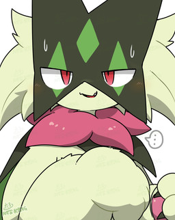ambiguous_anthro ambiguous_gender anthro bodily_fluids cheek_tuft claws ellipsis facial_tuft finger_claws fluffy frill_(anatomy) fur green_body green_fur handpaw kemono looking_at_viewer mask monotone_body monotone_fur neck_frill pawpads paws pink_pawpads pupils red_eyes simple_background slit_pupils smile solo speech_bubble sweat sweatdrop tuft white_background tontaro nintendo pokemon felid feline generation_9_pokemon mammal meowscarada pokemon_(species) 2026 bust_portrait colored digital_media_(artwork) hi_res portrait shaded simple_shading watermark