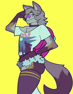 anthro belt bottomwear clothing denim denim_bottomwear denim_clothing denim_shorts eyewear glasses hair legwear long_hair male shorts smile solo thigh_highs ratwork among_us epic_games fortnite innersloth wolfie_(fortnite) canid canine canis mammal wolf hi_res