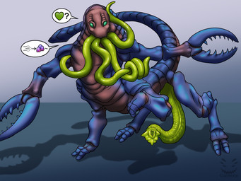 ambiguous_gender blue_body claws crab_claw emoji face_tentacles gesture green_tentacles ovipositor prehensile_ovipositor propositioning red_body solo speech_bubble suggestive suggestive_gesture tentacles teratophilia corinoch_(artist) arthropod chuul taur 4:3 hi_res
