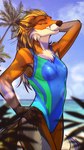 4_fingers anthro beach blonde_hair breasts brown_body brown_fur cheek_tuft chest_tuft clothed clothing detailed_background facial_tuft female fingers fur hair half-closed_eyes hand_behind_head hand_on_hip long_hair narrowed_eyes one-piece_swimsuit open_mouth orange_body orange_fur outside palm_tree plant sand seaside sky smile solo standing swimwear tree tuft water white_body white_fur skiaskai reyna_(reynafox) canid canine fox mammal 9:16 artist_name digital_media_(artwork) hi_res