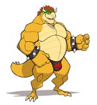 2_horns anthro belly big_muscles bowser_logo bowser_logo_thong bracelet bulge claws clothing eyebrows hair horn jewelry male musclegut muscular muscular_anthro muscular_male pecs red_hair simple_background smile solo spiked_bracelet spiked_tail spikes spikes_(anatomy) standing tail thick_thighs thong underwear white_background yellow_body darknaigart mario_bros nintendo bowser koopa scalie 2021 absurd_res hi_res