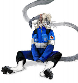 anthro bandage bandage_on_face bandaged_head blonde_hair blood bodily_fluids bottomwear clothed clothed_anthro clothed_female clothing doctor emt female female_anthro fully_clothed fully_clothed_anthro fully_clothed_female fur green_eyes grey_body grey_fur hair jacket medical pants pawpads red_cross simple_background sitting solo topwear uniform whiskers white_background white_body wounded jeffusherb domestic_cat felid feline felis mammal