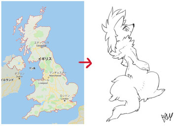 alternate_species ambiguous_gender anthro biped fluffy fluffy_tail fur furrification head_tuft looking_at_viewer looking_back map neck_tuft screencap semi-anthro simple_background sitting smile solo tail text tuft united_kingdom white_background wide_hips razy canid canine mammal 2019 black_and_white digital_drawing_(artwork) digital_media_(artwork) english_text japanese_text monochrome redraw signature translated_description