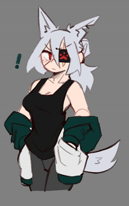 animal_ears black_clothing black_shirt black_tank_top black_topwear breasts cleavage clothed clothed_female clothed_humanoid clothing eye_patch eye_scar eyewear facial_scar female female_humanoid front_view green_clothing green_topwear grey_background grey_clothing grey_ears grey_hair grey_legwear grey_tail hair hair_bun hand_in_pocket human_and_animal_ears jacket legwear light_body light_skin mouth_closed multi_ear narrowed_eyes notched_ear one_eye_obstructed pale_skin pockets red_eyes scar shirt simple_background sleeveless_clothing sleeveless_shirt solo tail tank_top topwear white_sclera derpyfox_36 yukio_(derpyfox_36) animal_humanoid canid canid_humanoid canine canine_humanoid humanoid mammal mammal_humanoid wolf_humanoid 2023 digital_drawing_(artwork) digital_media_(artwork) portrait three-quarter_portrait