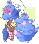 anthro apron belly big_belly black_eyes blue_body blue_eyes blue_fur blue_hair blush blush_stickers bodily_fluids bra breasts brown_body brown_fur chubby_cheeks cleavage clothed clothing duo exclamation_point fat_arms fat_legs fat_rolls female flying_sweatdrops freckles fur hair love_handles markings measuring measuring_belly obese obese_anthro obese_female overweight overweight_anthro overweight_female panties question_mark shirt striped_markings striped_tail stripes sweat sweatdrop tail tail_markings tape_measure topwear torn_clothing torn_shirt torn_topwear underwear wardrobe_malfunction robirobi animal_crossing nintendo rosie_(animal_crossing) sable_able domestic_cat eulipotyphlan felid feline felis hedgehog mammal 2024 hi_res