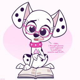 black_nose book collar confusion eyewear fangs female feral floppy_ears fur glasses markings moon_(marking) pink_collar pink_eyewear pink_glasses reading reading_book solo teeth toony white_body white_fur young higglytownhero 101_dalmatian_street 101_dalmatians disney dallas_(101_dalmatians) triple_d_(101_dalmatians) canid canine canis dalmatian domestic_dog mammal 1:1 hi_res