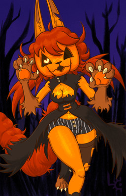 boots bottomwear breasts button_(fastener) claws cleavage_cutout clothing cutout female fluffy fluffy_tail food footwear for_a_head forest fruit fur hair heart_eyes heart_symbol jack-o'-lantern jacket legwear orange_body orange_fur pattern_clothing pawpads pigtails plant pumpkin pumpkin_head red_hair red_tail shoes shorts solo star stockings striped_clothing stripes tail topwear torn_clothing torn_ear torn_topwear tree fuzzycogs domestic_cat felid feline felis mammal monster object_head absurd_res hi_res