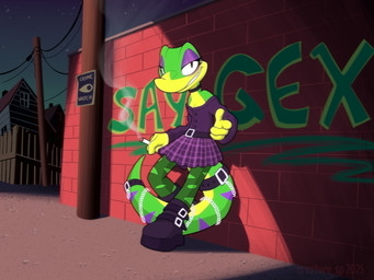 anthro belt biped boots bottomwear breasts chain choker cigarette cleavage clothed clothing crossgender detailed_background eyeliner female finger_gun footwear gesture graffiti green_body grin hand_gesture holding_cigarette holding_object jewelry leaning leaning_on_wall light looking_at_viewer makeup mascara mtf_crossgender necklace night non-mammal_breasts outside pattern_bottomwear pattern_clothing pattern_skirt plaid plaid_bottomwear plaid_clothing plaid_skirt pointing pointing_at_viewer shoes skirt small_breasts smile smiling_at_viewer smoking smoking_cigarette solo star sweater toony topwear vhs_filter creature_sp gex_(series) gex_the_gecko gecko lizard reptile scalie 4:3 hi_res lighting shaded trans_(lore)