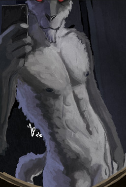 animal_genitalia anthro bathroom cellphone electronics genitals holding_object holding_phone male mirror nipples nude nude_male phone selfie sexting sheath shirtless_male smartphone solo tail texting aquaticas dislyte lilith_games sander_(dislyte) canid canine canis jackal mammal