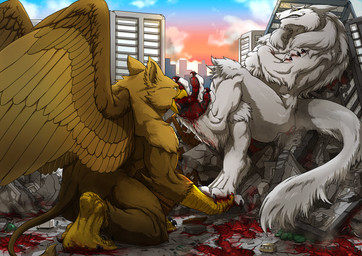 5_fingers abs anthro beak biceps blood blood_on_foot blood_on_ground bodily_fluids brown_body brown_fur building building_destruction car city city_background city_crushing city_destruction claws crush destruction detailed_background duo extreme_size_difference feathered_wings feathers feet finger_claws fingers foot_lick footprint fur gore landscape_dwarfing licking macro macro_anthro male muscular muscular_anthro muscular_male nude outside pawpads pawprint paws pecs size_difference sky smile tail toe_claws toes tongue tongue_out vehicle vehicle_destruction white_body white_fur wings tatugon mythology carpo kill_(sergal) avian gryphon mythological_avian mythological_creature sergal hi_res