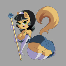 accessory anthro armwear big_breasts big_butt black_hair breasts butt cleavage clothed clothing elbow_gloves female gem gloves green_eyes grey_background hair hair_accessory hairband handwear huge_butt jewelry looking_at_viewer pendant rear_view simple_background small_waist smile solo staff tan_body thick_thighs turning_around yume74 nickelodeon t.u.f.f._puppy kitty_katswell domestic_cat felid feline felis mammal 1:1 2025 absurd_res colored hi_res portrait shaded three-quarter_portrait