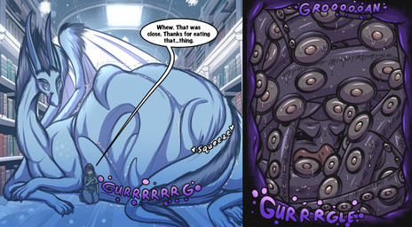 after_vore ambiguous_gender ambiguous_prey belly big_belly blue_body female feral feral_pred group horn huge_belly inside larger_feral library overweight size_difference smaller_human speech_bubble tentacles text trio vore wings jessicarae mythology dragon human mammal mythological_creature mythological_scalie scalie 2024 english_text