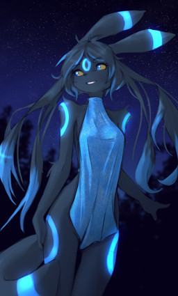 anthro biped black_body black_fur black_hair black_tail blue_eyes breasts clothed clothed_anthro clothed_female clothing female fingers front_view fur hair looking_aside night outside plant sky solo standing star tail teeth tree yellow_sclera tinygaypirate nintendo pokemon eeveelution generation_2_pokemon pokemon_(species) umbreon 2026 absurd_res digital_drawing_(artwork) digital_media_(artwork) hi_res