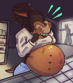 anthro barbell_piercing belly belly_nipples big_belly breasts brown_body brown_fur brown_hair burger clothing duo ear_piercing ear_ring eating eyebrow_barbell eyebrow_piercing facial_piercing female food footwear fur hair male multi_nipple navel nipples nose_piercing nose_ring outie_navel piercing pregnant pregnant_anthro pregnant_female ring_piercing septum_piercing septum_ring solo_focus moscoviumdraws merci_(moscoviumdraws) canid canine canis dobermann domestic_dog mammal pinscher 2026 hi_res