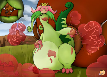 anthro belly berry big_belly brown_body brown_fur duo fart fart_cloud fart_fetish farting_on_another farting_on_face food fruit fur green_body inflated_belly inflation plant red_fart_cloud tail text officialpeachbumz palworld pocketpair dinossom pal_(species) hi_res