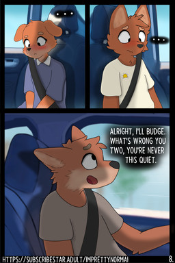 anthro awkward blurred_background blush car car_interior car_seat car_window clothed clothing dialogue door dress ellipsis female fluffy fur inside_car inside_vehicle looking_down male nervous open_mouth page_number plant rearview_mirror seat_belt shadow shirt simple_background speech_bubble text topwear tree vehicle young imprettynormai erin_(imprettynormai) patrick_(imprettynormai) sam_(imprettynormai) canid canine mammal 2:3 absurd_res comic english_text hi_res brother_(lore) brother_and_sister_(lore) father_(lore) parent_(lore) sibling_(lore) sister_(lore)