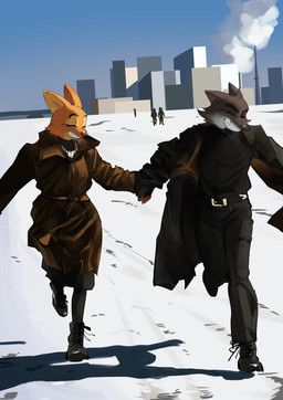 anthro belt black_boots black_bottomwear black_clothing black_footwear black_legwear black_pants black_stockings black_sweater black_topwear black_trenchcoat boots bottomwear boyfriend/girlfriend brown_trenchcoat building canon_couple clothing duo female footwear fur grey_body grey_fur hand_holding happy legwear male male/female orange_body orange_fur pants running shoes smile snow stockings sweater topwear winter winter_clothing desu36721406 dreamworks the_bad_guys diane_foxington mr._wolf_(the_bad_guys) canid canine canis fox mammal north_american_gray_wolf red_fox true_fox wolf absurd_res hi_res