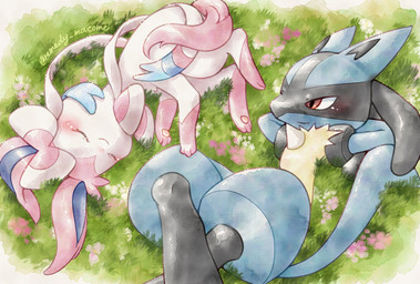 ambiguous_gender anthro blush blush_lines bow_(anatomy) crossed_legs duo eyes_closed feral flower fur grass hands_behind_head looking_at_another lying multicolored_body on_back on_grass on_ground pawpads paws pink_body pink_fur plant red_eyes ribbons_(anatomy) sleeping spikes spikes_(anatomy) tail white_body yellow_body yellow_fur remedy0308 nintendo pokemon eeveelution generation_4_pokemon generation_6_pokemon lucario pokemon_(species) sylveon 2023 hi_res
