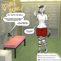 anthro blue_eyes blush bottomwear clothing female imminent_scat locker_room red_bottomwear red_clothing red_shorts school school_uniform shorts solo text uniform akikoandlostari beastars ellen_(beastars) equid equine mammal zebra 1:1 english_text hi_res url