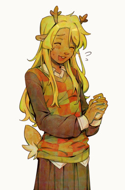 anthro antlers blonde_hair blush blush_lines bodily_fluids bottomwear brown_body brown_fur buckteeth clothing eyebrow_through_hair eyebrows female freckled_face freckles fur hair horn open_mouth simple_background skirt solo sweat sweatdrop tail teeth translucent translucent_hair goomyloid deltarune undertale_(series) noelle_holiday cervine deer mammal 2025 hi_res
