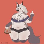 anthro belly big_belly breasts camel_toe clothed clothing fast_food fat_thighs female food footwear fupa fur gesture gloves grey_body grey_fur grey_hair hair hand_gesture handwear legwear middle_finger midriff obese overweight overweight_female paper_bag red_eyes skimpy skindentation socks solo thick_thighs thigh_highs thigh_socks tight_clothing tongue tongue_out under_boob undersized_clothing white_body white_fur wide_hips luminared helluva_boss mythology loona_(helluva_boss) canid canid_demon canine demon hellhound mammal mythological_canine mythological_creature 1:1 absurd_res hi_res