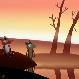 anthro blue_eyes brown_body brown_fur duo fur lake male red_body reflection yellow_eyes arturfox night_in_the_woods canid canine canis mammal wolf 1:1 hi_res