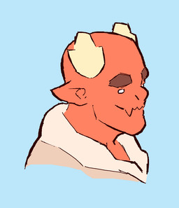 2_horns ambiguous_gender blue_background brown_eyebrows closed_smile clothed clothed_humanoid clothing empty_eyes eyebrows flesh_fang head_horn horn humanoid_pointy_ears mouth_closed pointy_ears red_body side_view simple_background smile solo teal_clothing teal_topwear thick_eyebrows topwear white_eyes kingarthur_i humanoid 2023 bust_portrait digital_drawing_(artwork) digital_media_(artwork) flat_colors portrait