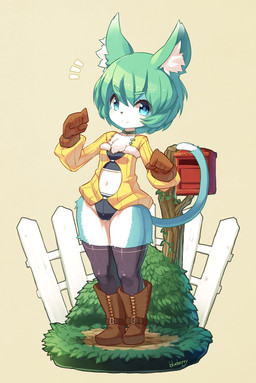 anthro clothed clothing female fur green_body green_fur green_hair hair inner_ear_fluff kemono multicolored_body multicolored_fur navel solo tuft two_tone_body two_tone_fur white_body white_fur white_inner_ear_fluff blueberry5959 2014 hi_res