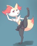 anthro breasts female fur genitals pussy solo spread_legs spreading white_body white_fur yellow_body blarkel nintendo pokemon braixen canid canine generation_6_pokemon mammal pokemon_(species) 4:5 absurd_res hi_res