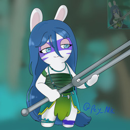 anthro arms_bent bangs blue_anklet blue_eyes blue_hair blue_pupils blue_wristband blurred_background bodypaint closed_smile clothed clothed_anthro clothed_female clothing dress eyelashes face_paint featureless_legs female female_anthro fur green_clothing green_dress green_wristband hair handwear holding_object holding_tuning_fork jewelry leaf_dress light long_hair mittens mouth_closed necklace noseless pupils smile solo straight_legs tan_eyelids text tuning_fork white_body white_fur peypey_mei1925 mario_plus_rabbids_sparks_of_hope nintendo raving_rabbids rayman_(series) ubisoft allegra_(mario_plus_rabbids) lagomorph mammal rabbid 1:1 2024 artist_name colored crossover digital_drawing_(artwork) digital_media_(artwork) flat_colors full-length_portrait hi_res lighting portrait redraw reference_image shaded