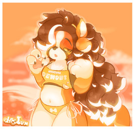 4_fingers accessory anthro belly big_pawpads big_tail bikini bikini_bottom bikini_top border breasts chest_tuft claws clothed clothing cloud female fingers fluffy fluffy_hair fur hair hair_over_eye looking_at_viewer multicolored_body multicolored_hair orange_body orange_fur outside pawpads paws raised_paw side-tie_bikini simple_background solo string_bikini swimwear tail tongue tongue_out tuft two-piece_swimsuit white_border wind yellow_eyes dralux drally canid canine canis domestic_dog mammal molosser mountain_dog saint_bernard watermark