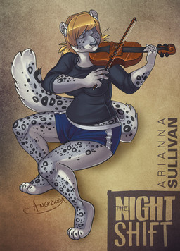 anthro bow_(stringed_instrument) bowed_string_instrument breasts female holding_object leopard_spots musical_instrument playing_music playing_violin simple_background solo spots string_instrument tail text textured_background violin angrboda felid mammal pantherine snow_leopard english_text