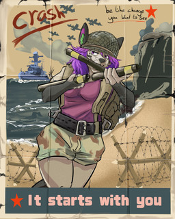 anthro armor bangalore barbed_wire beach crash explosives female gun headgear helmet propaganda propaganda_poster ranged_weapon ship solo text vehicle war warship water watercraft weapon world_war_2 rexthenurse 4:5 absurd_res english_text hi_res trans_(lore) trans_woman_(lore)