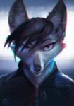 anthro black_hair black_nose clothed clothing hair looking_at_viewer purple_eyes smile solo alectorfencer canid canine fox mammal 2019 digital_media_(artwork) headshot_portrait hi_res portrait