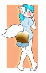 ageplay anthro blue_hair blue_onesie blush clothing diaper exposed_diaper feces female fur hair infantilism looking_at_viewer messy_diaper onesie open_flap open_onesie pajamas pink_nose roleplay scatplay smile soiling solo white_body white_diaper white_fur cyan_(babycyanwolf) canid canine canis mammal wolf